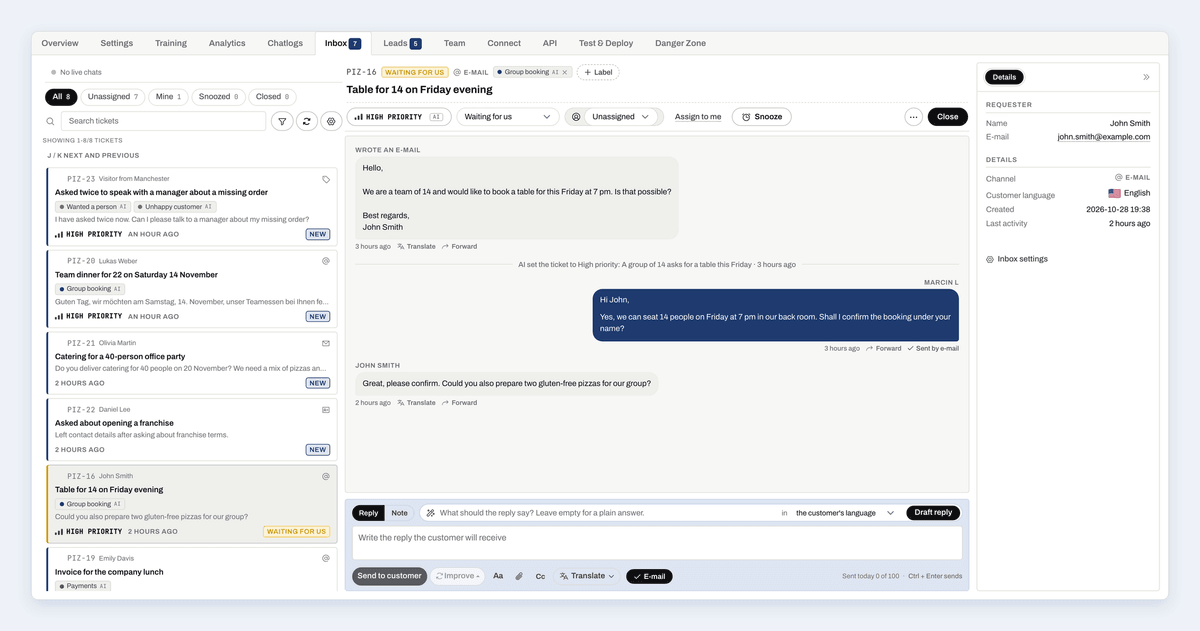 The ChatLab Inbox: tickets on the left, the conversation in the middle, the customer on the right