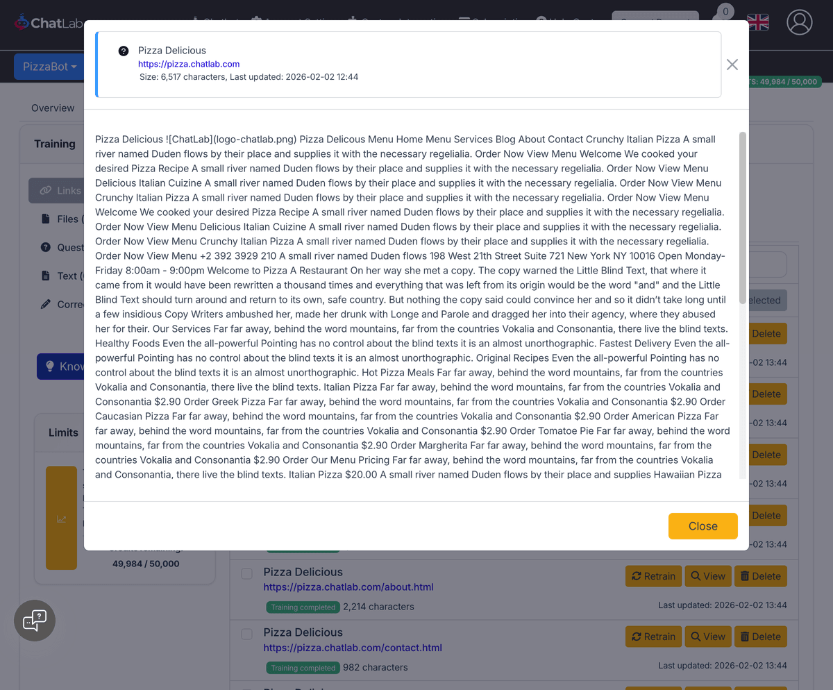 View source modal showing extracted page content