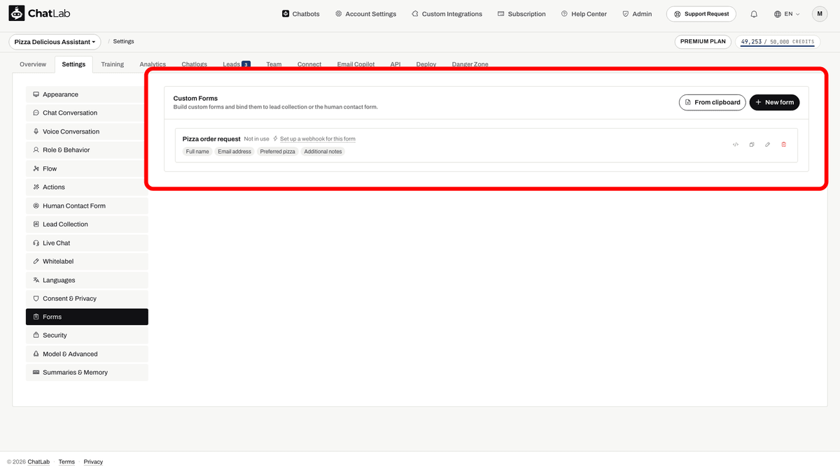 Settings > Forms met de knop New form gemarkeerd