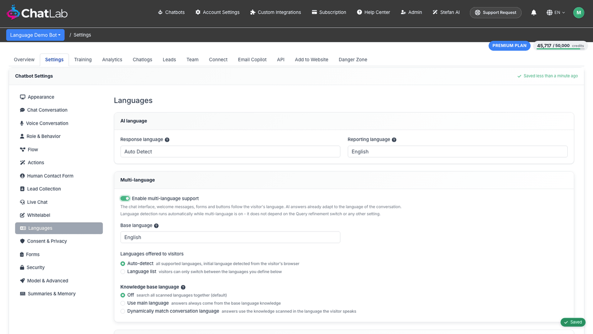 Multi-language settings for a chatbot