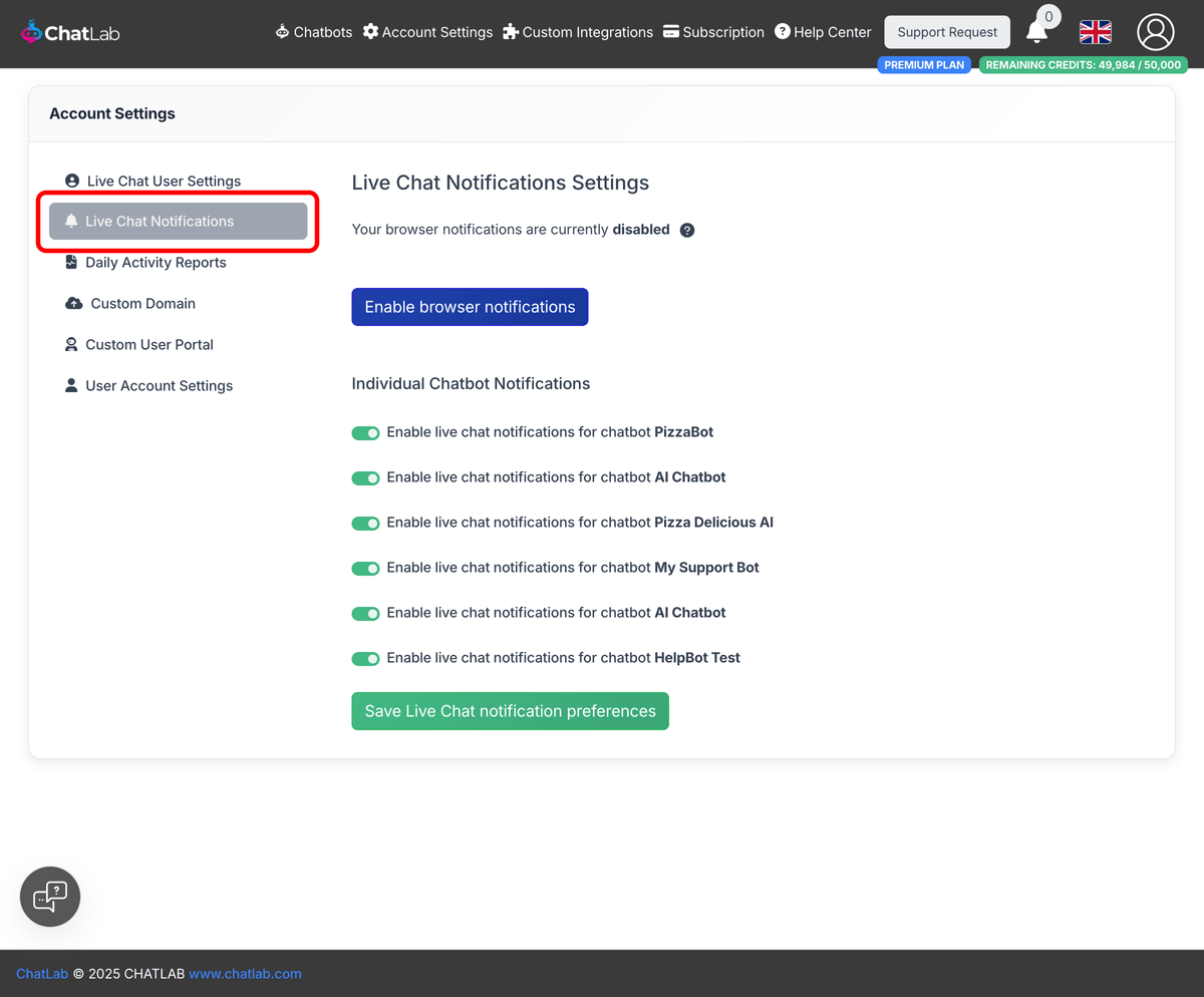 Live Chat Notifications Settings page