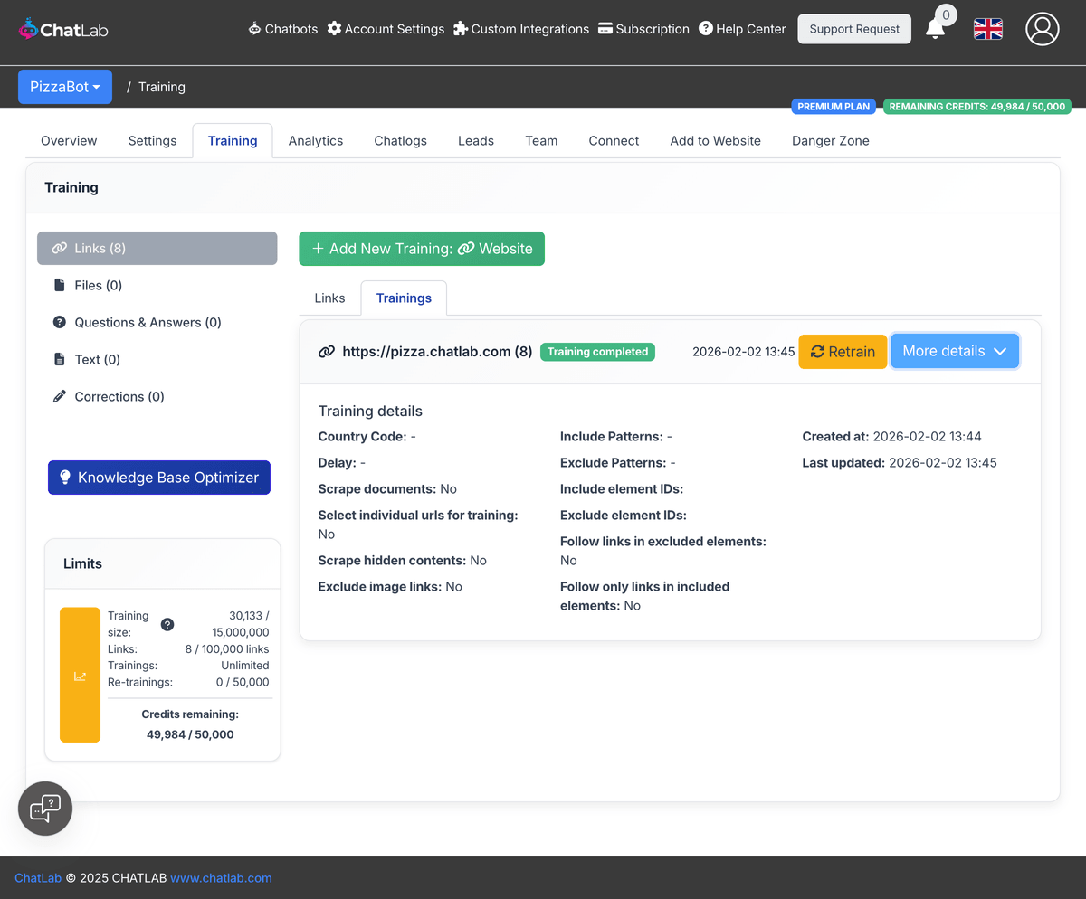 Training details expanded showing all parameters