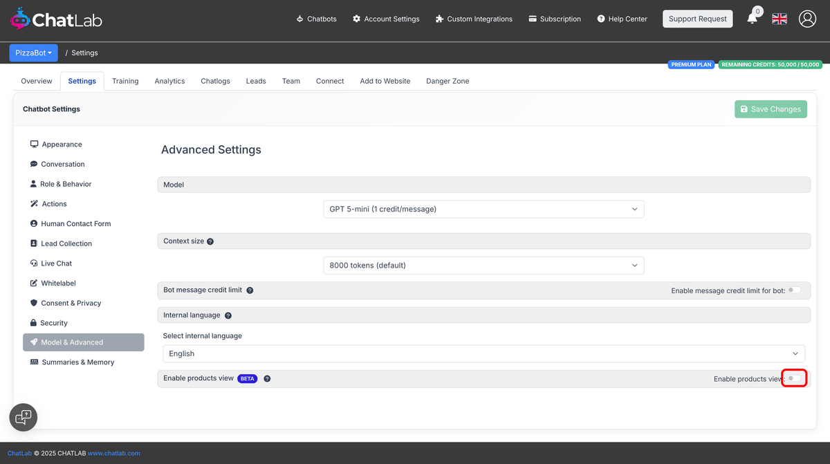 Model & Advanced settings with Products View toggle highlighted
