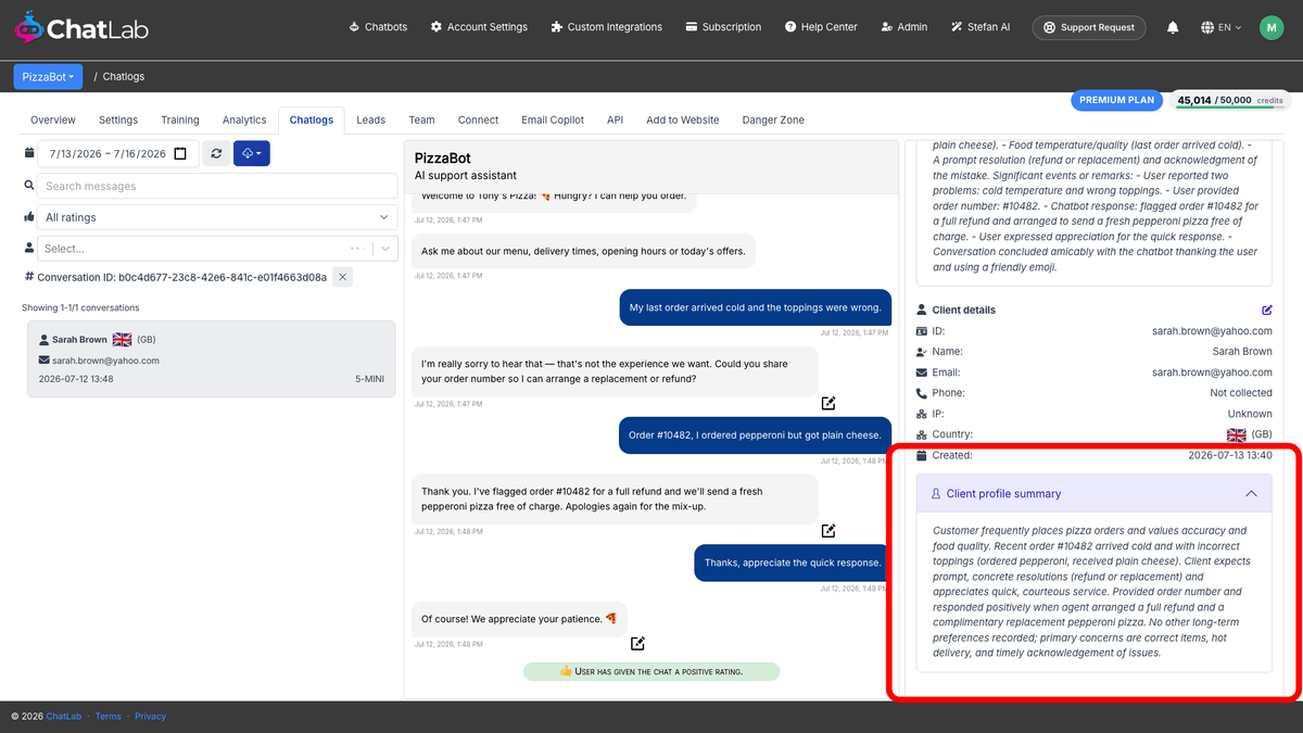 Client profile summary in Chatlogs