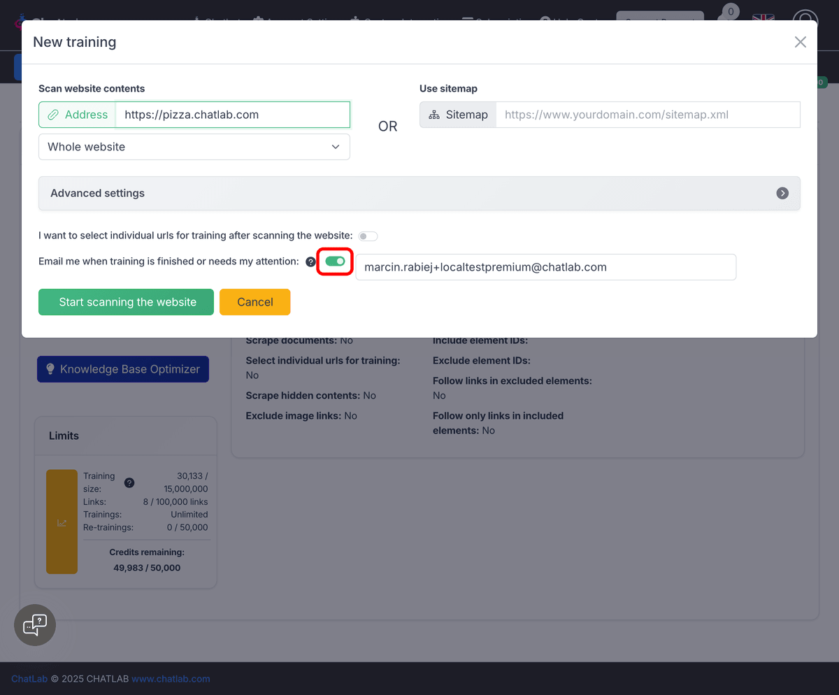 New training dialog with email notification toggle highlighted
