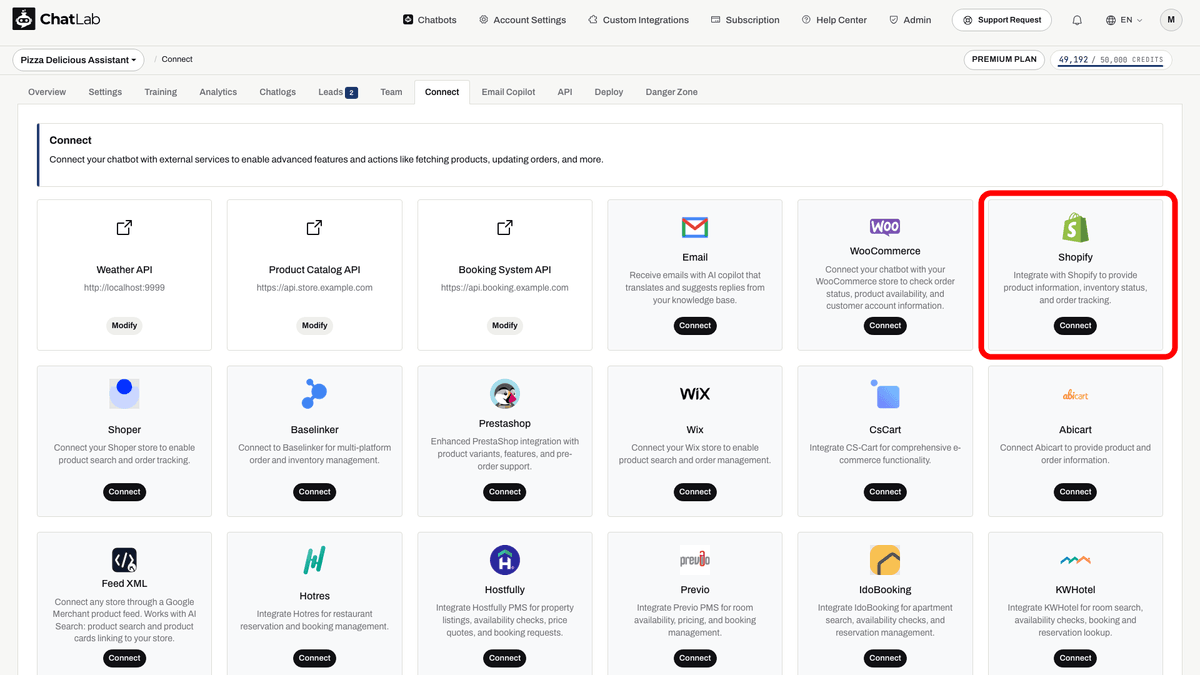 Connect tab showing the Shopify integration tile