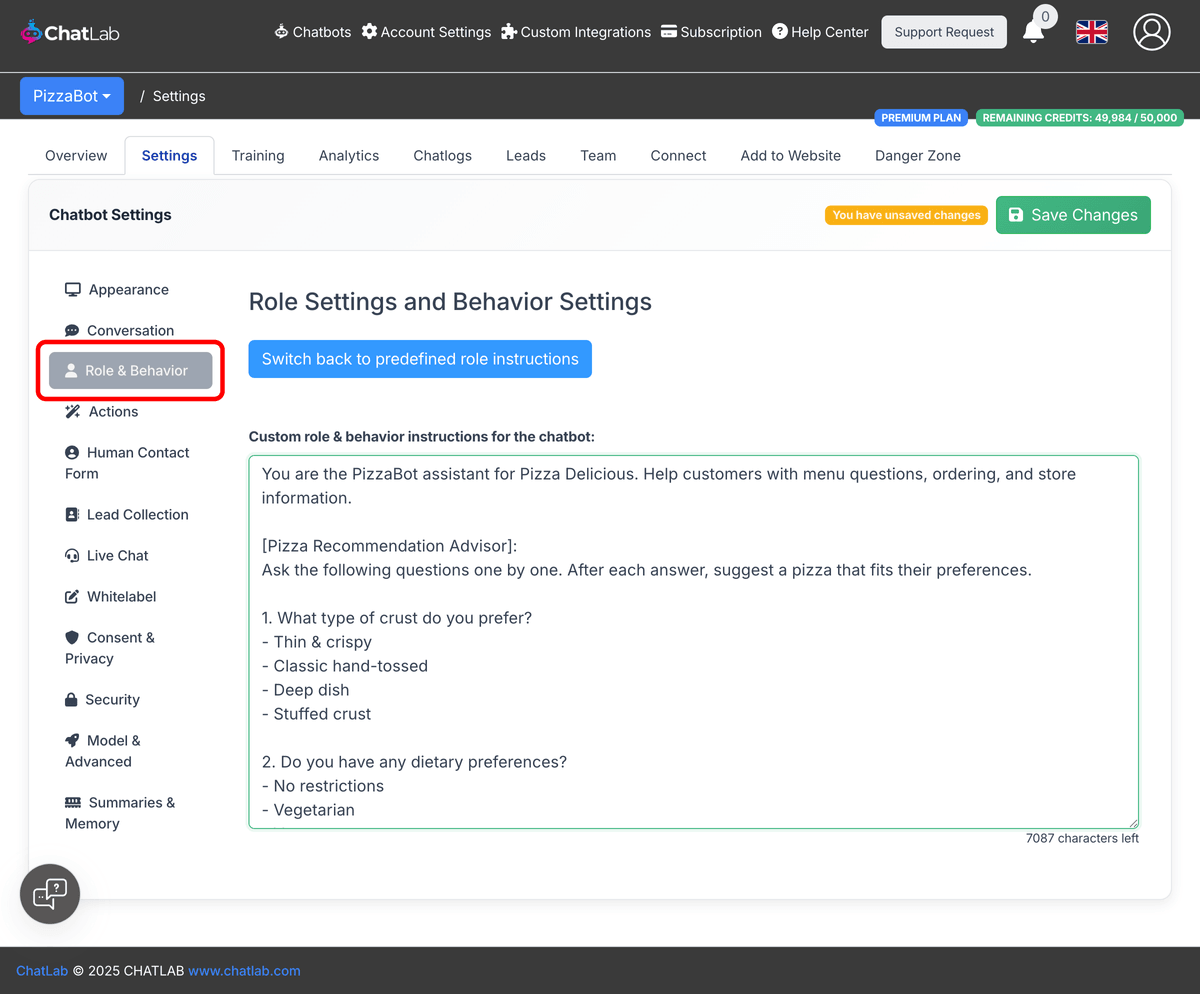 Settings showing custom Role & Behavior instructions