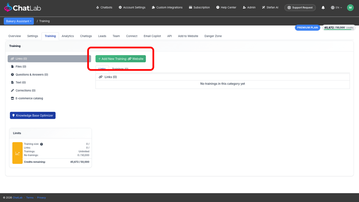 Manual Setup - the Training tab