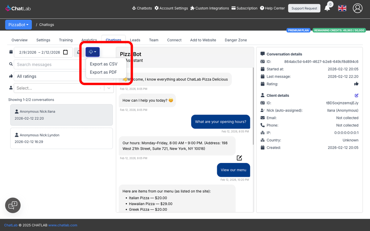 Filter panel with export dropdown showing CSV and PDF options
