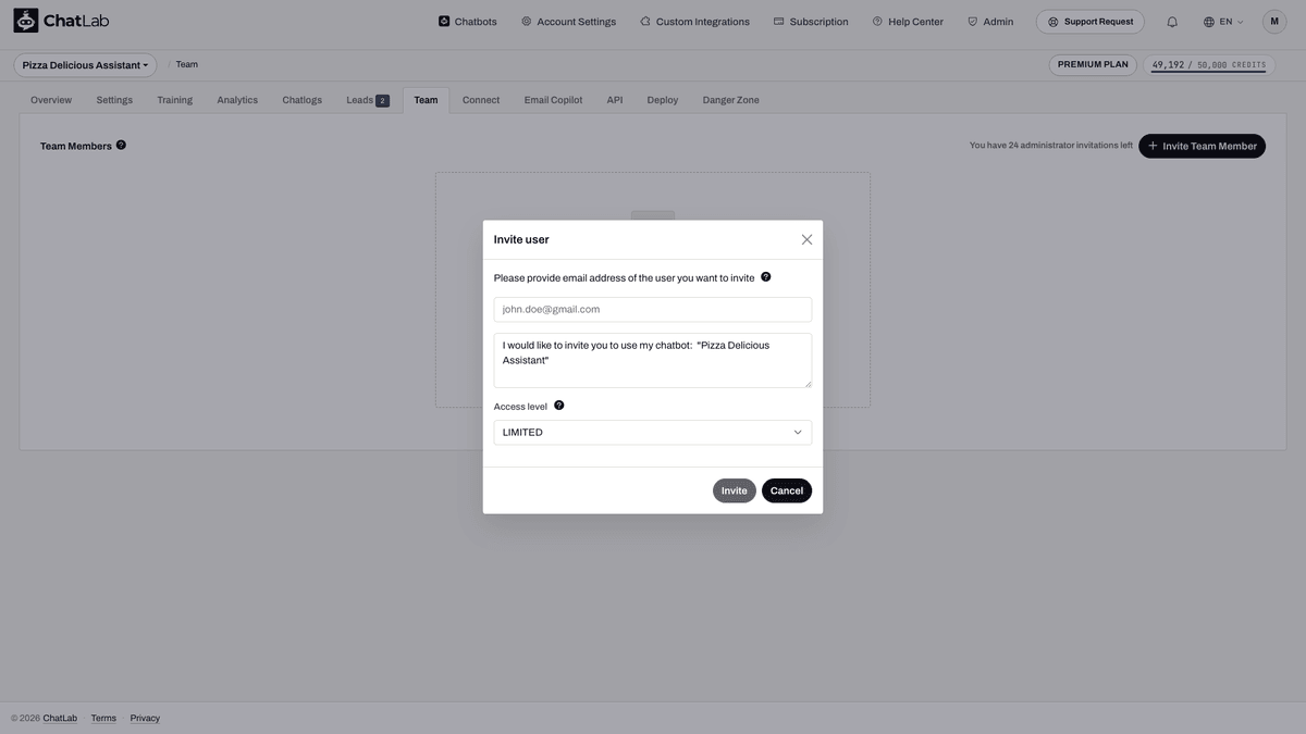 Invite user modal with email field highlighted|width=50