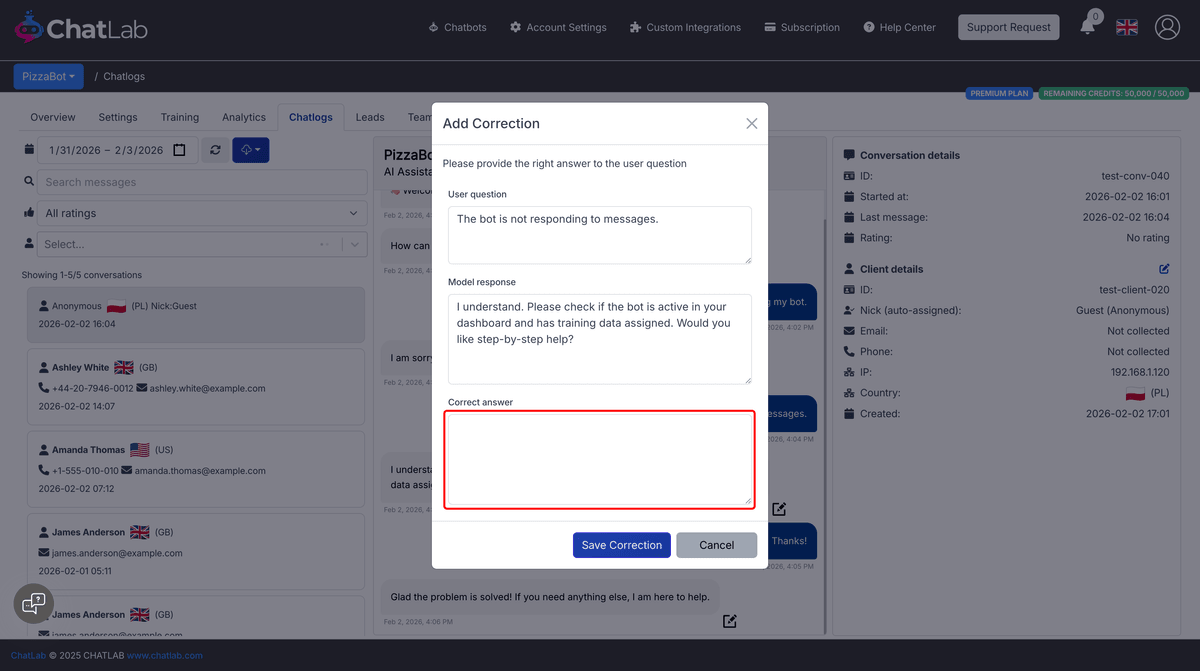 Add Correction modal showing user question, model response, and correct answer field