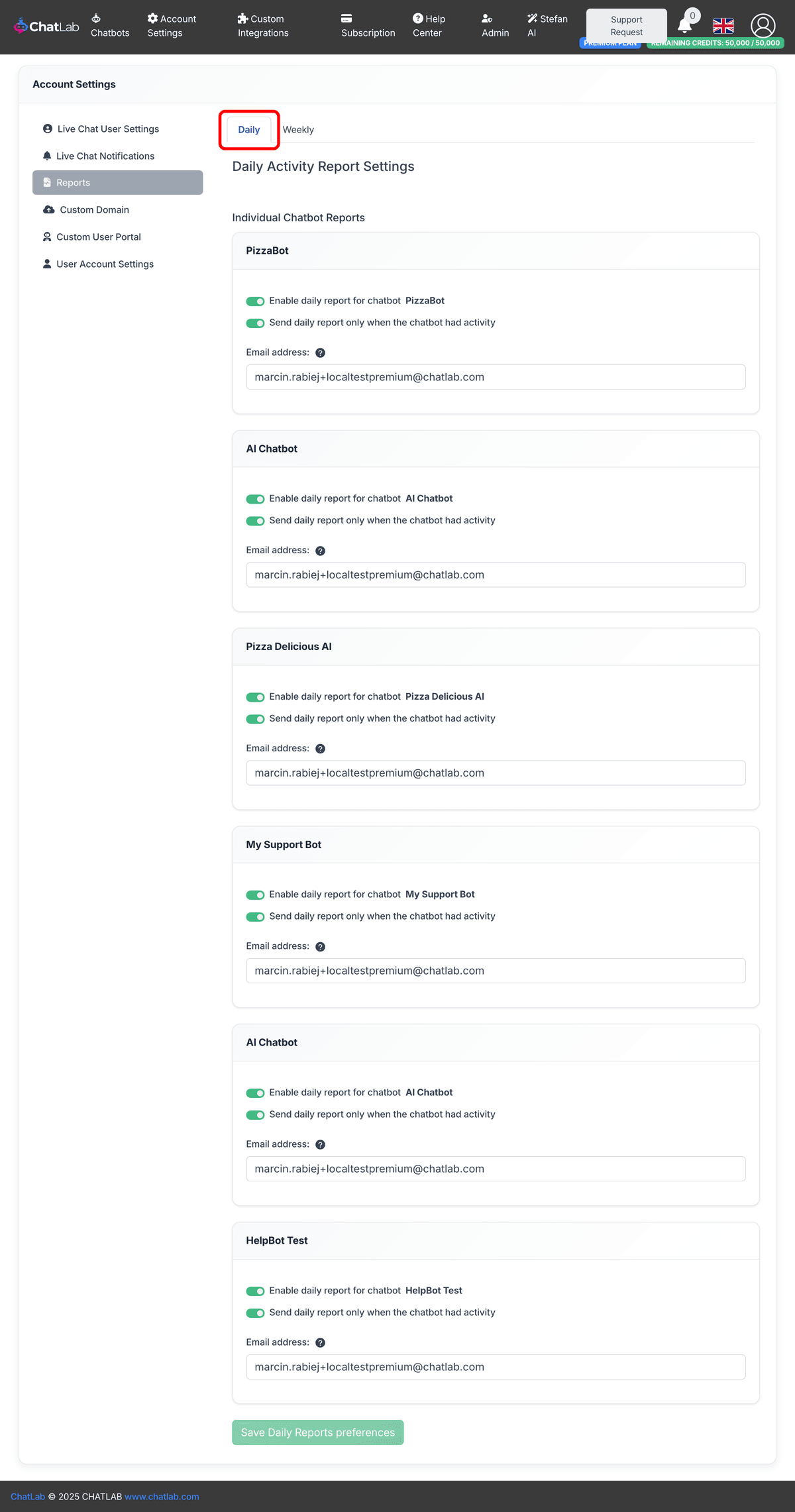 Daily report configuration