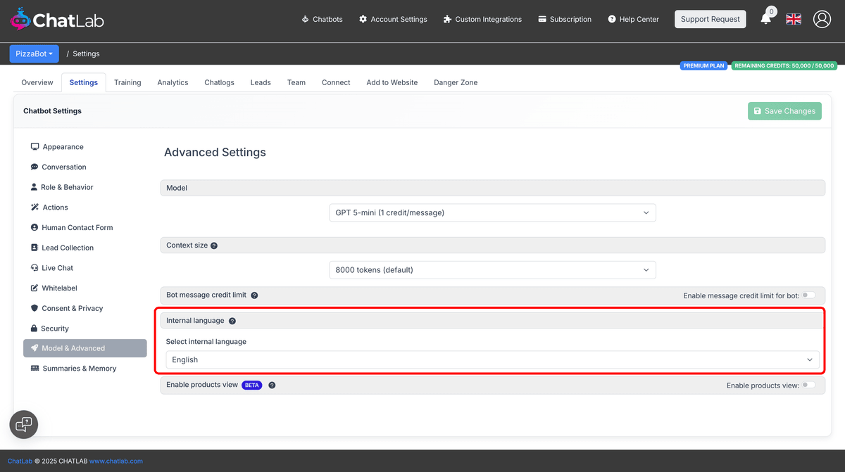 Internal language setting