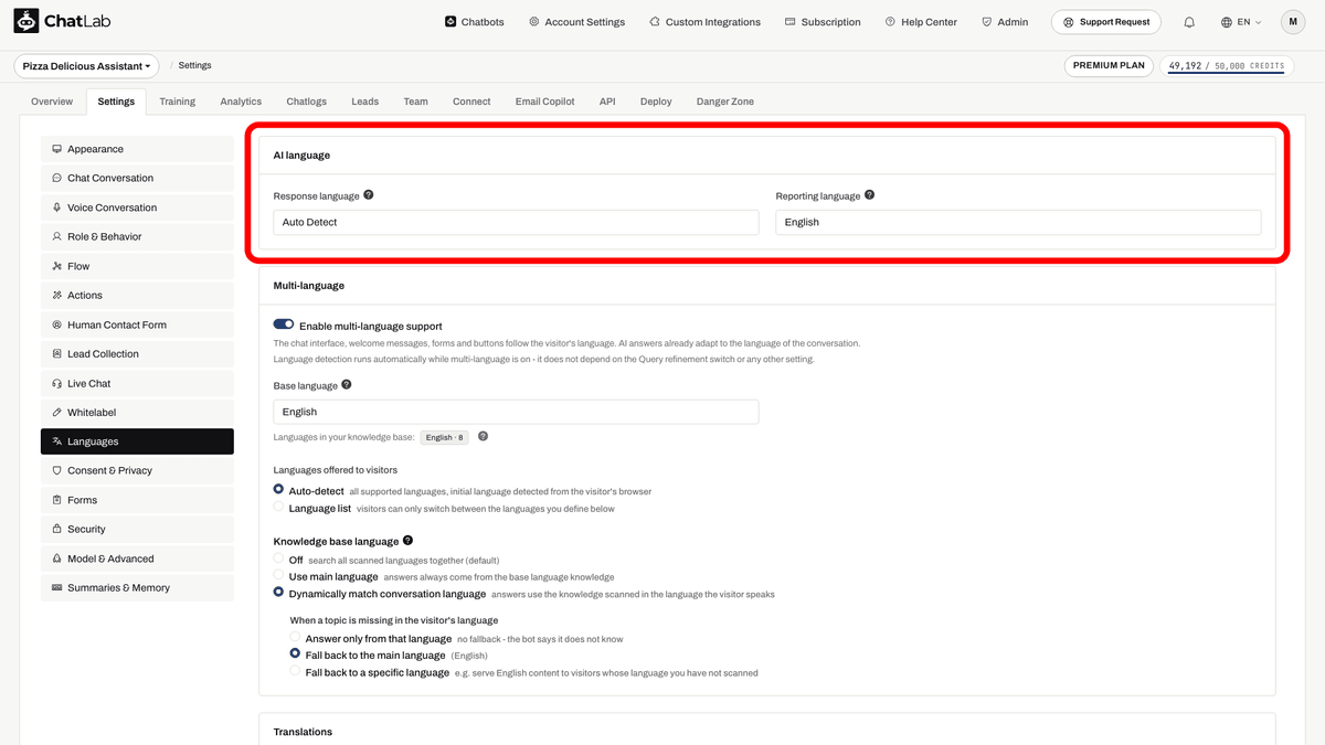 AI language card in Settings > Languages