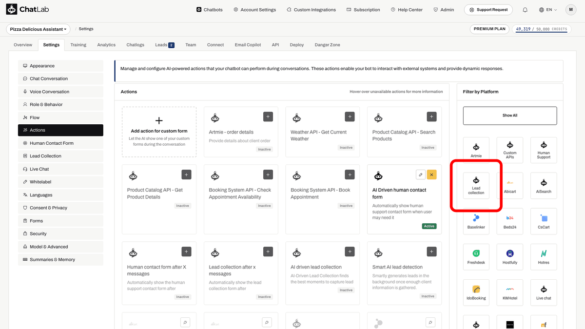 Actions page filtered by Lead collection with the filter tile highlighted