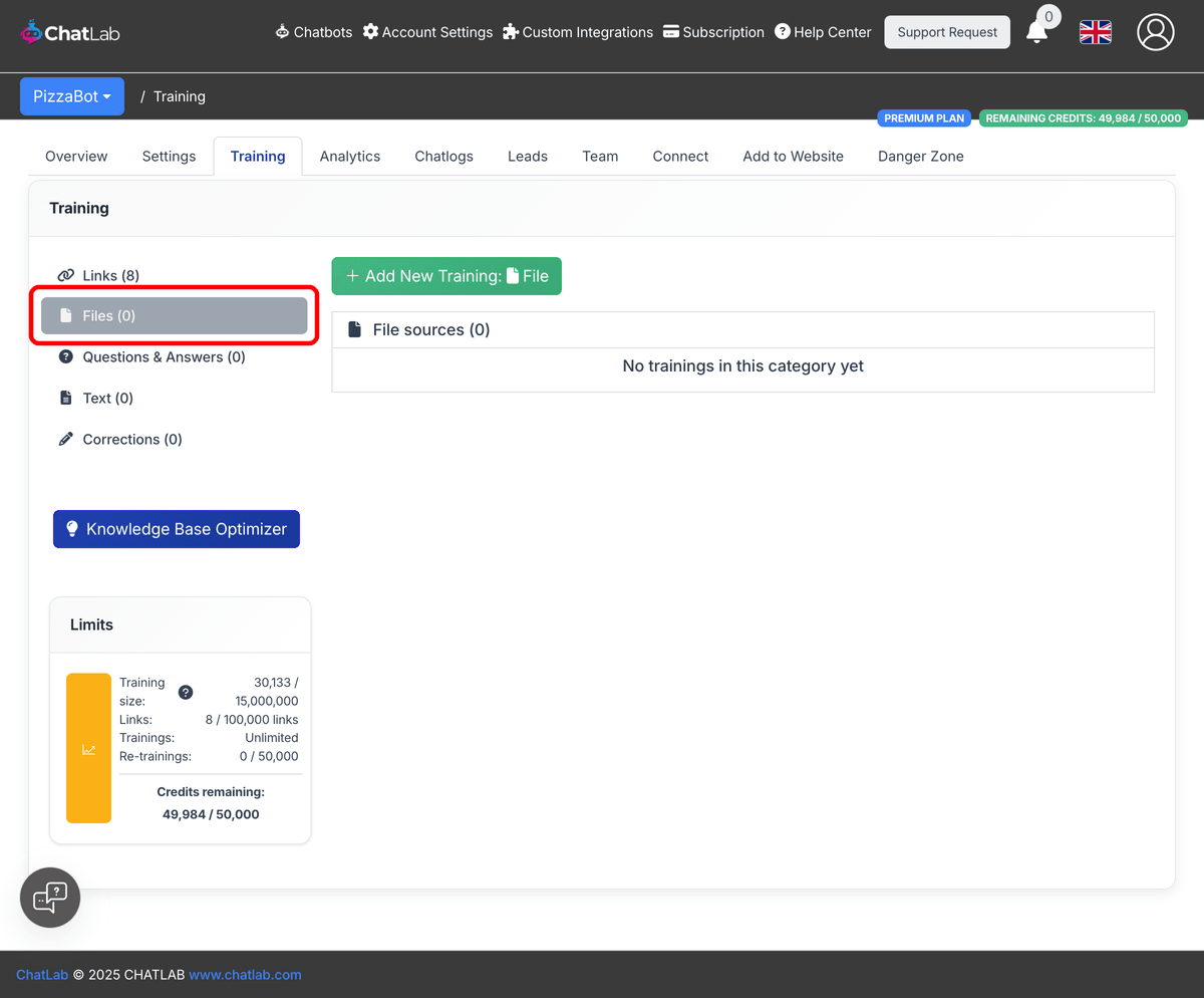 Files sidebar in Training tab