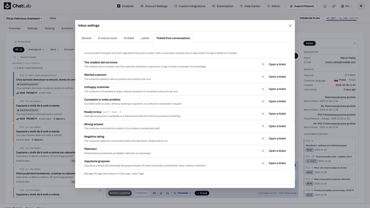 Tickets from conversations tab of Inbox settings