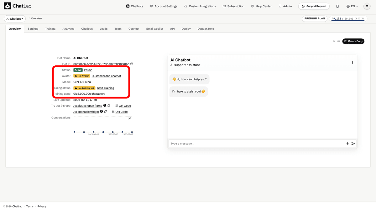 Configuration manuelle - vue d'ensemble du nouveau chatbot vide