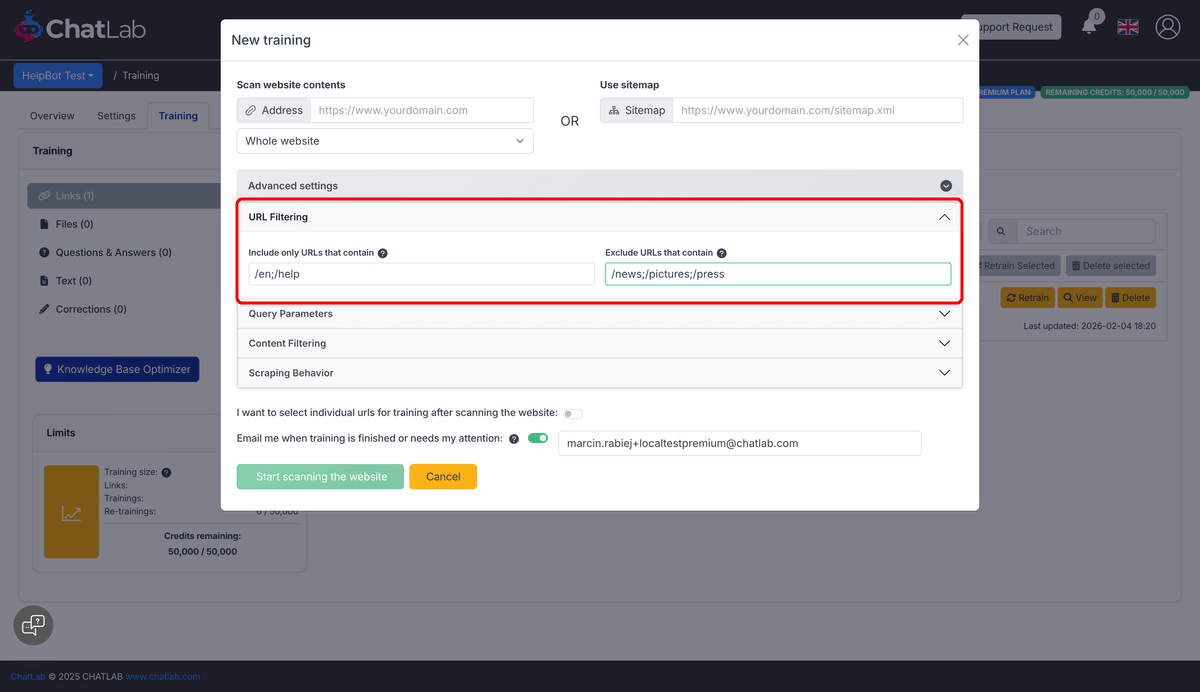 URL Filtering options