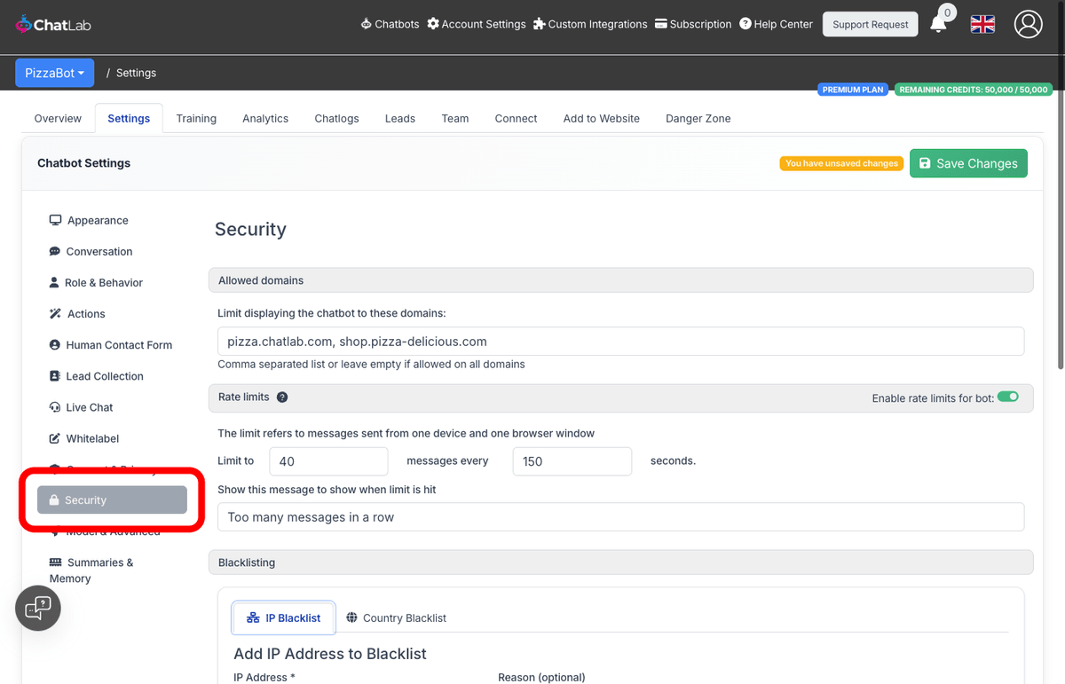Security Settings tab