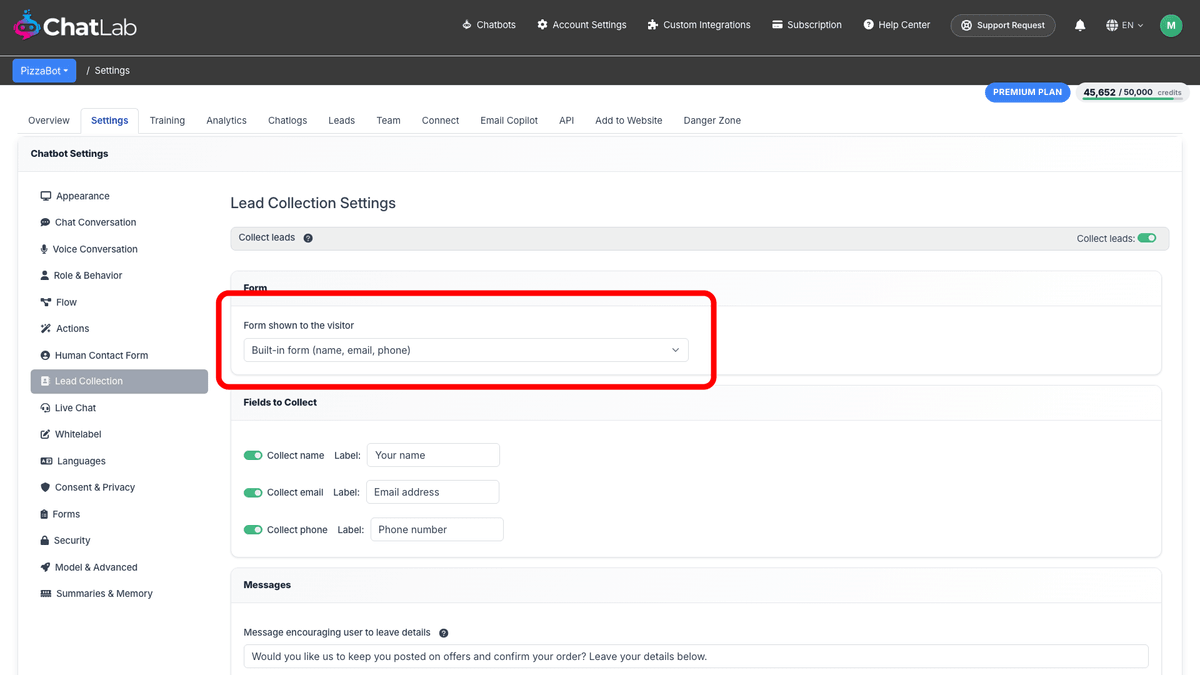 Form shown to the visitor dropdown highlighted