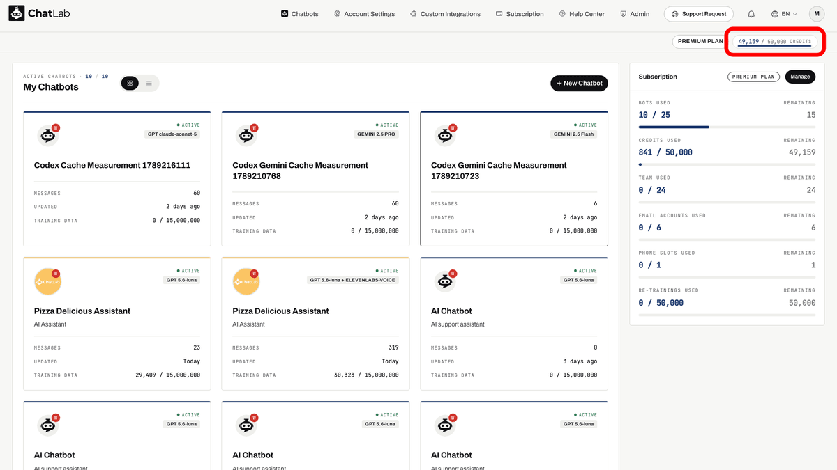 Dashboard with the credits meter in the header red-boxed