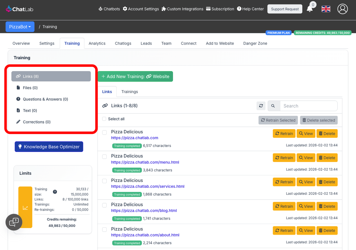 Training source categories in the left sidebar