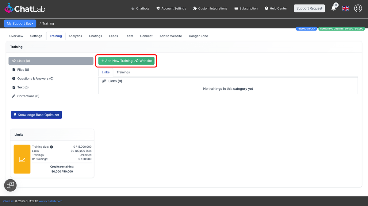 Training page with empty training data