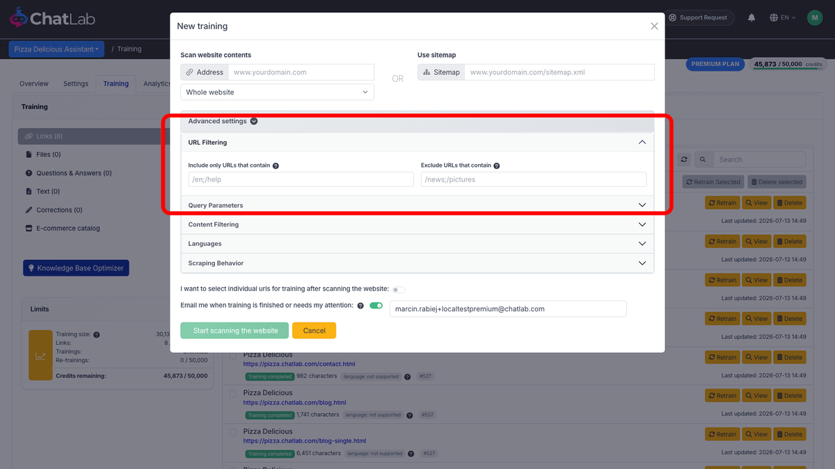 URL Filtering section highlighted in Advanced settings
