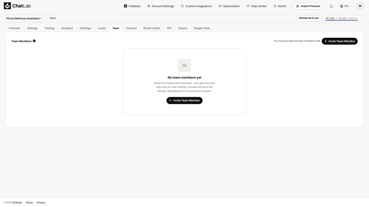 Team tab with Invite Team Member button highlighted