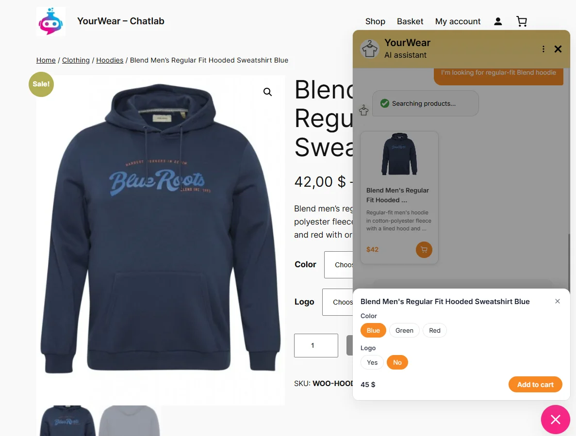 Variant picker in the chat with colour, logo and an add to cart button