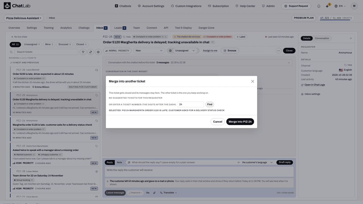 Merge into another ticket dialog