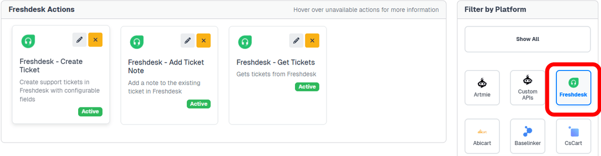 Freshdesk actions in Settings showing three available actions