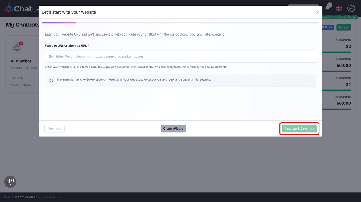 Wizard step 1 - Enter website URL