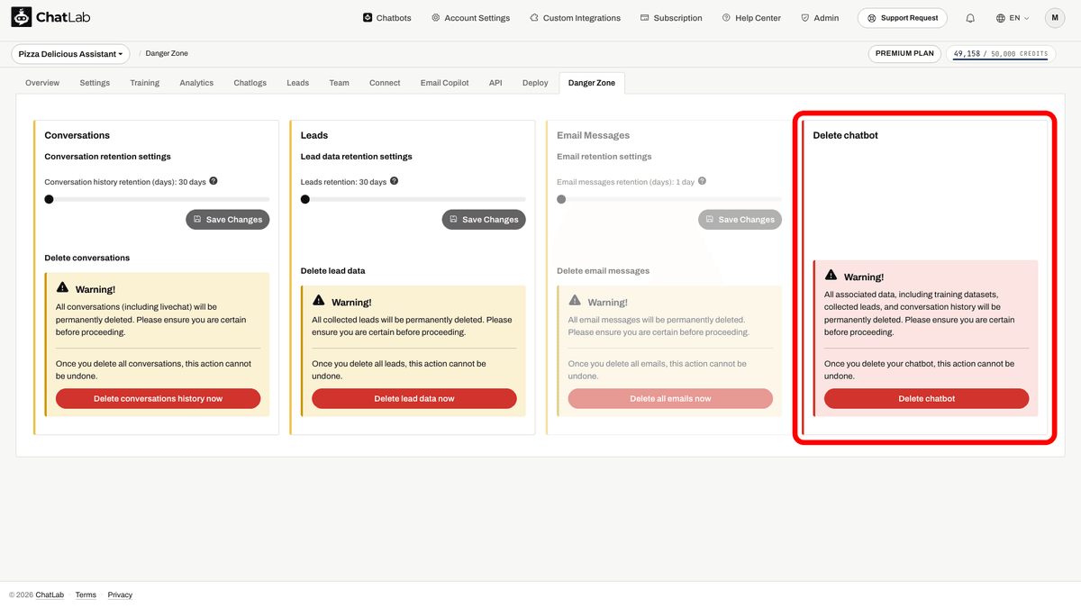 Delete chatbot section with the Delete chatbot button highlighted