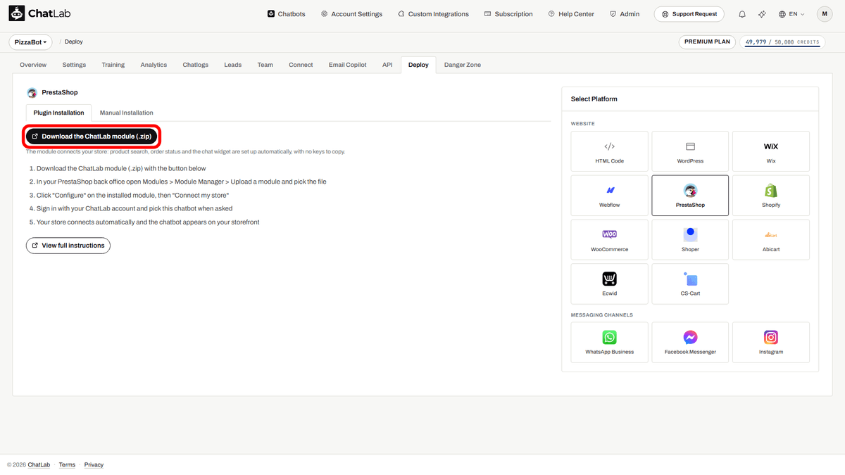 Plugin Installation tab with the Download the ChatLab module (.zip) button highlighted