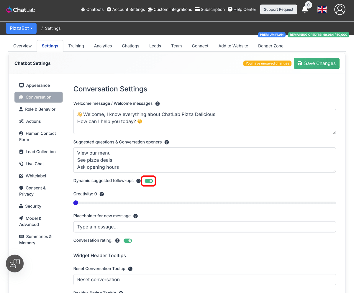 Conversation settings with Dynamic suggested follow-ups toggle enabled