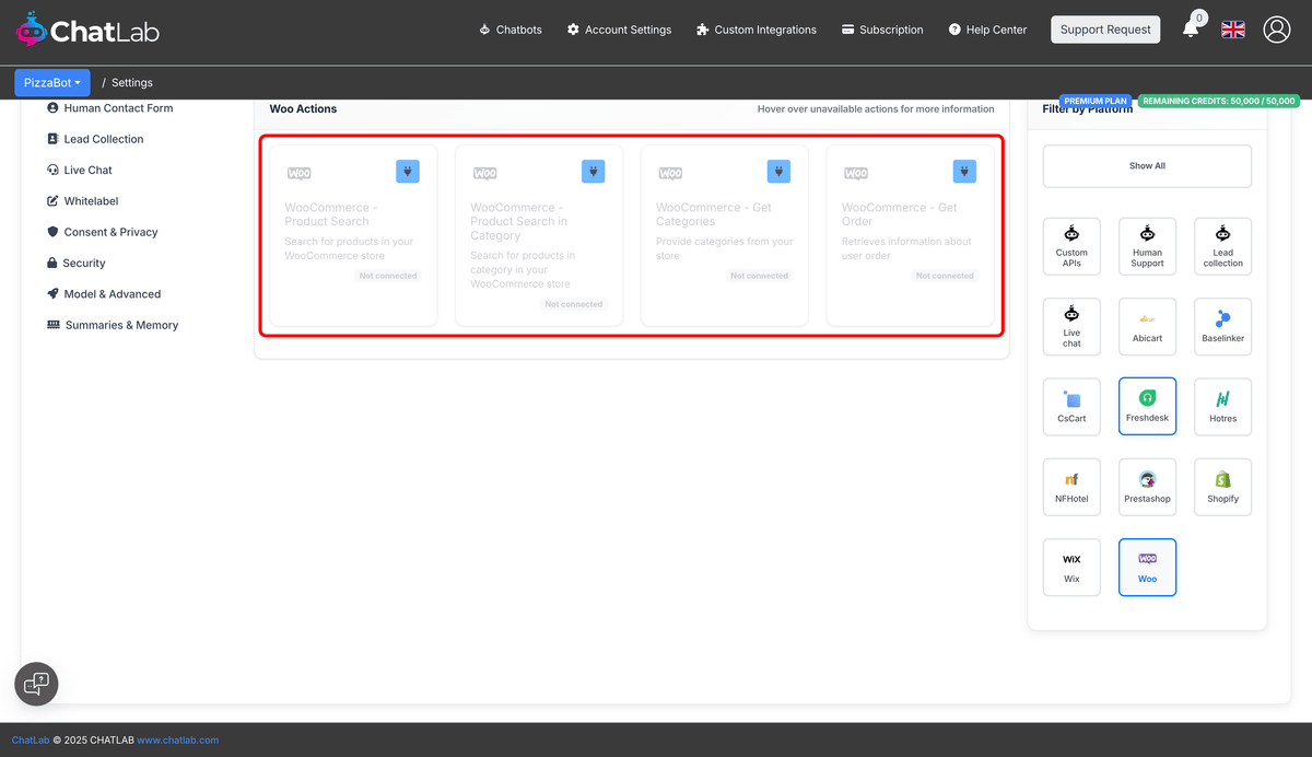 WooCommerce actions in Settings showing all available actions