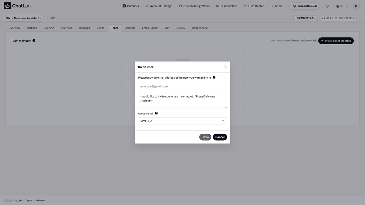 Empty invitation modal with email and access level fields