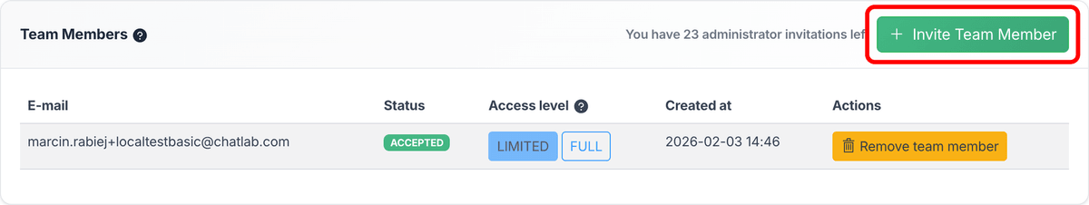 Team tab with Invite Team Member button highlighted