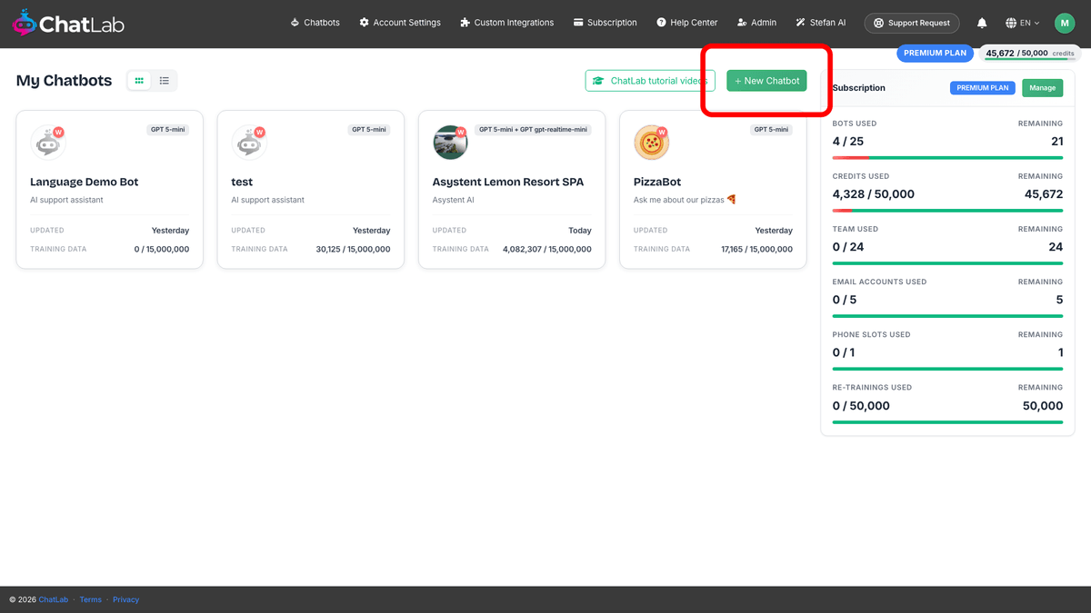 Chatbots dashboard with the New Chatbot button