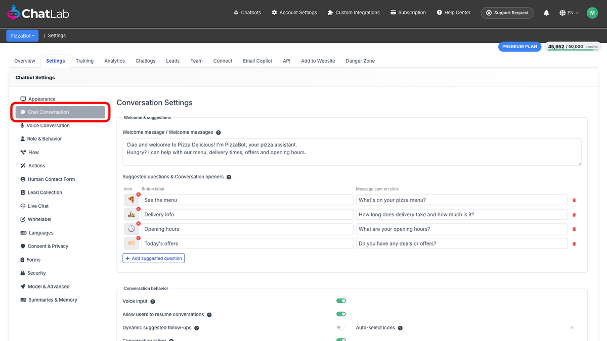 Chat Conversation settings navigation