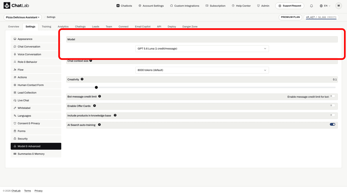 Model & Advanced settings with Offer Cards toggle highlighted