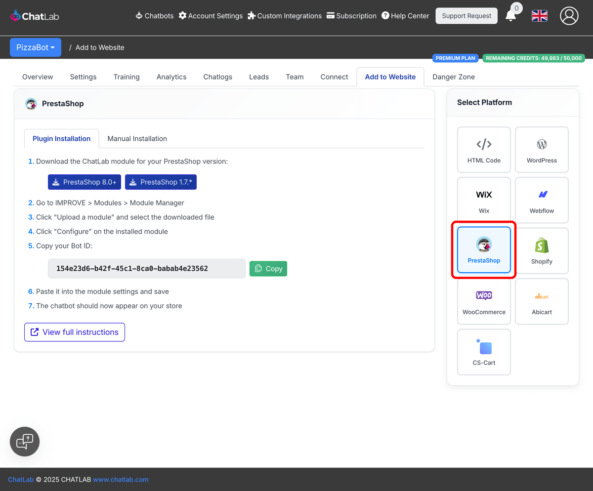 PrestaShop selected in the platform panel