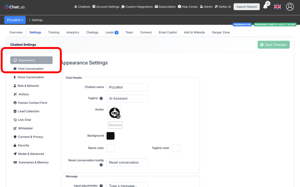 Appearance settings navigation