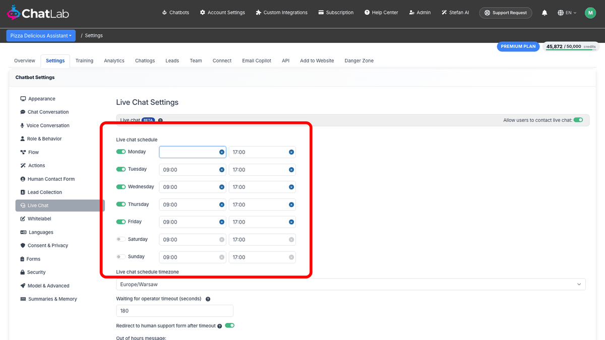 Live Chat settings page showing schedule and messages