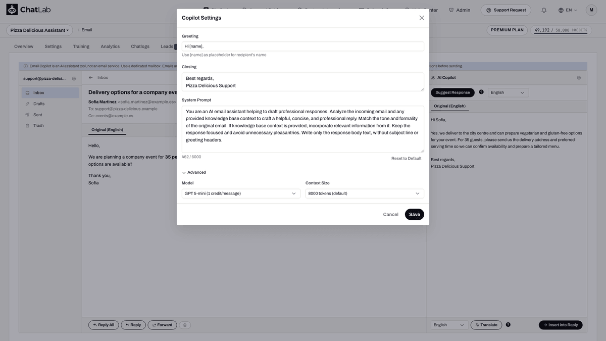 Copilot Settings dialog showing greeting, closing, system prompt, model and context size
