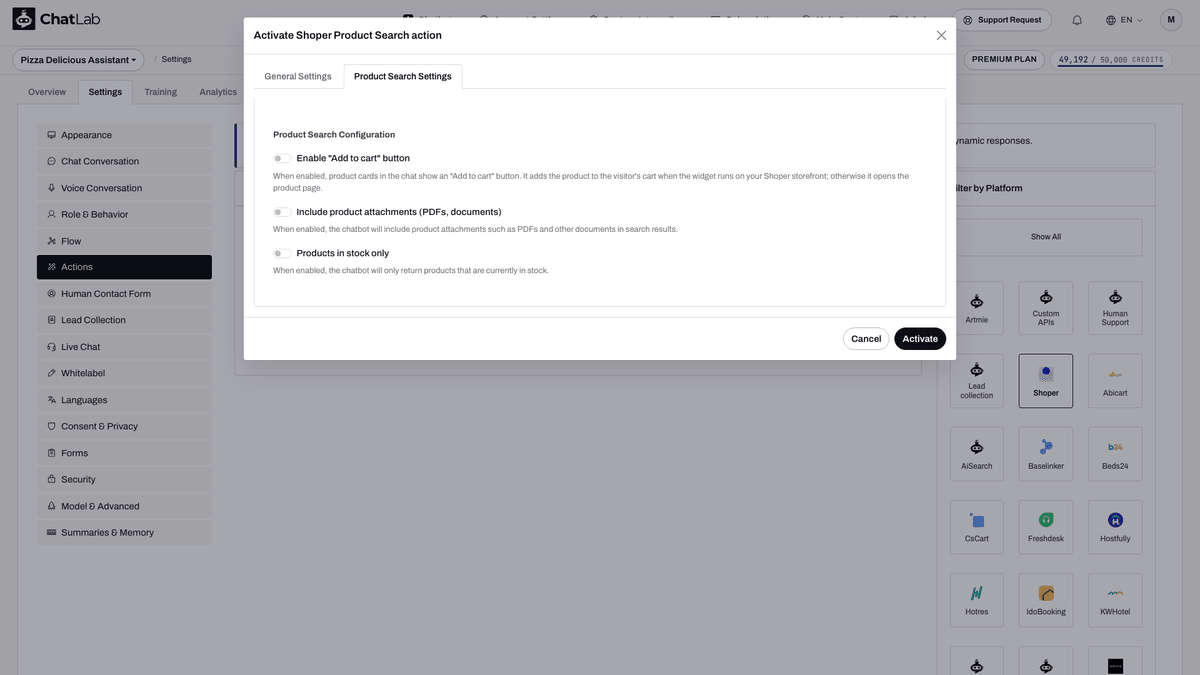 Product Search Settings che mostra le opzioni per gli allegati e il filtro delle scorte