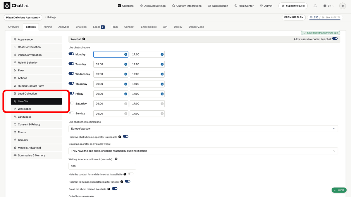 Live Chat settings page showing schedule and messages