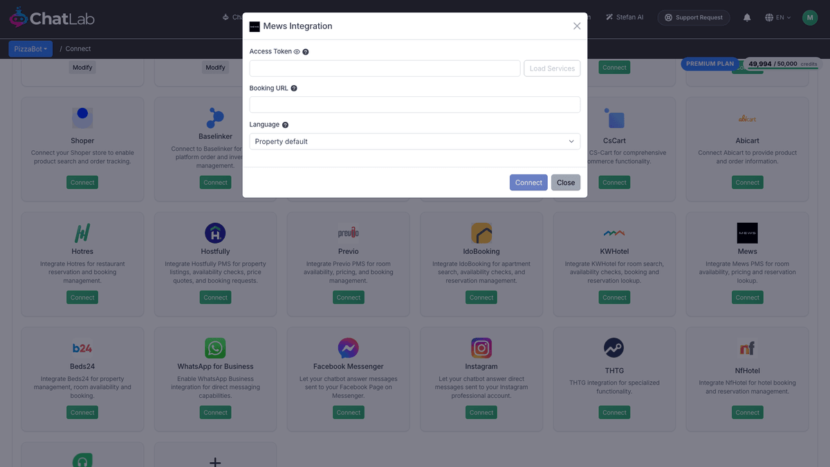 Mews Integration form with Access Token, Load Services, Booking URL and Language fields